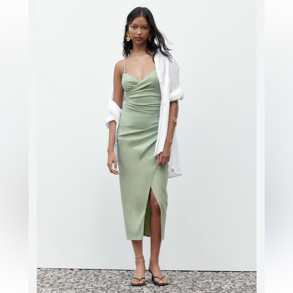 Zara Dresses & Skirts - ZARA Midi Dress Wrap Women S LINEN Green 8028/367 New Beach Coastal Sexy Blogger